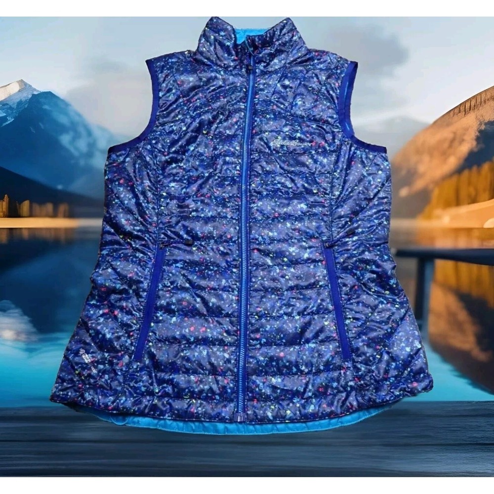 Eddie Bauer Reversible Vest Women XS Blue Splatter Excellent First Ascent Puffer